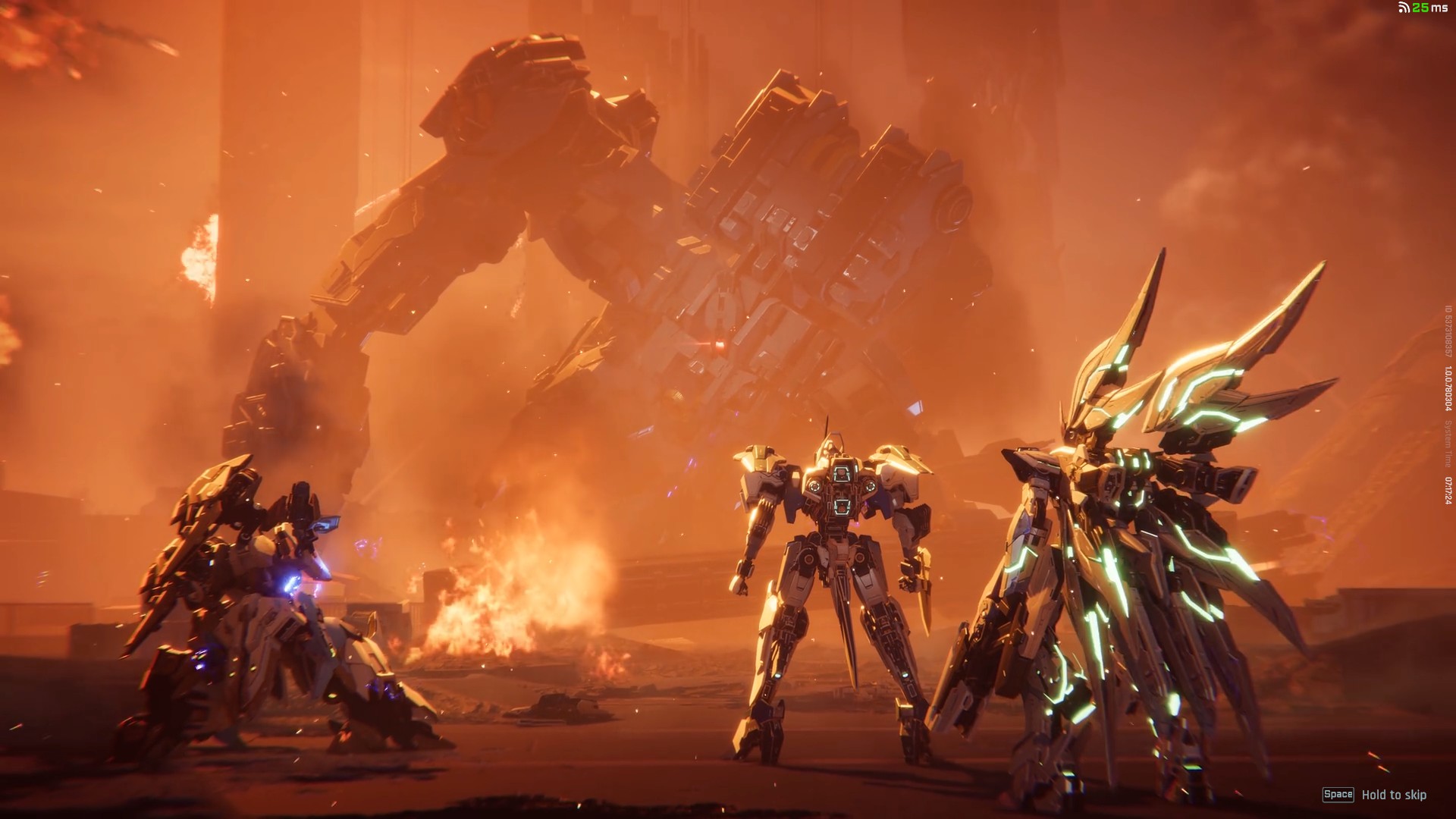 Mechs stand around a destroyed machine in a Mecha Break cutscene