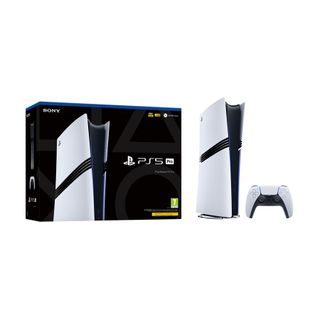 A PS5 Pro and box on a white background