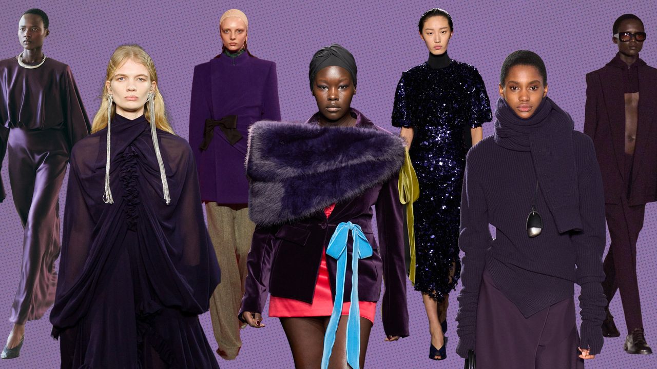 A collage of the purple color trend with models at Altuzarra, McQueen, Valentino, Nina Ricci, Michael Kors, and Victoria Beckham&#039;s Fall 2025 collections