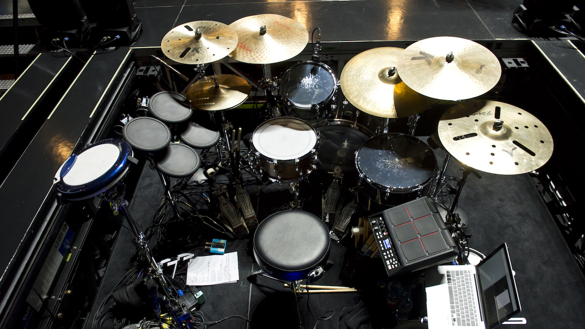 Rear view of Adam Marcello's drum kit on tour with Katy Perry