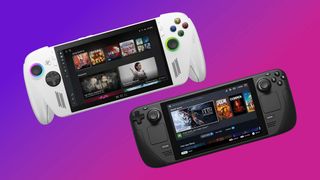 Xbox Ally and a Steam Deck facing forward on a background that goes from pink to purple.