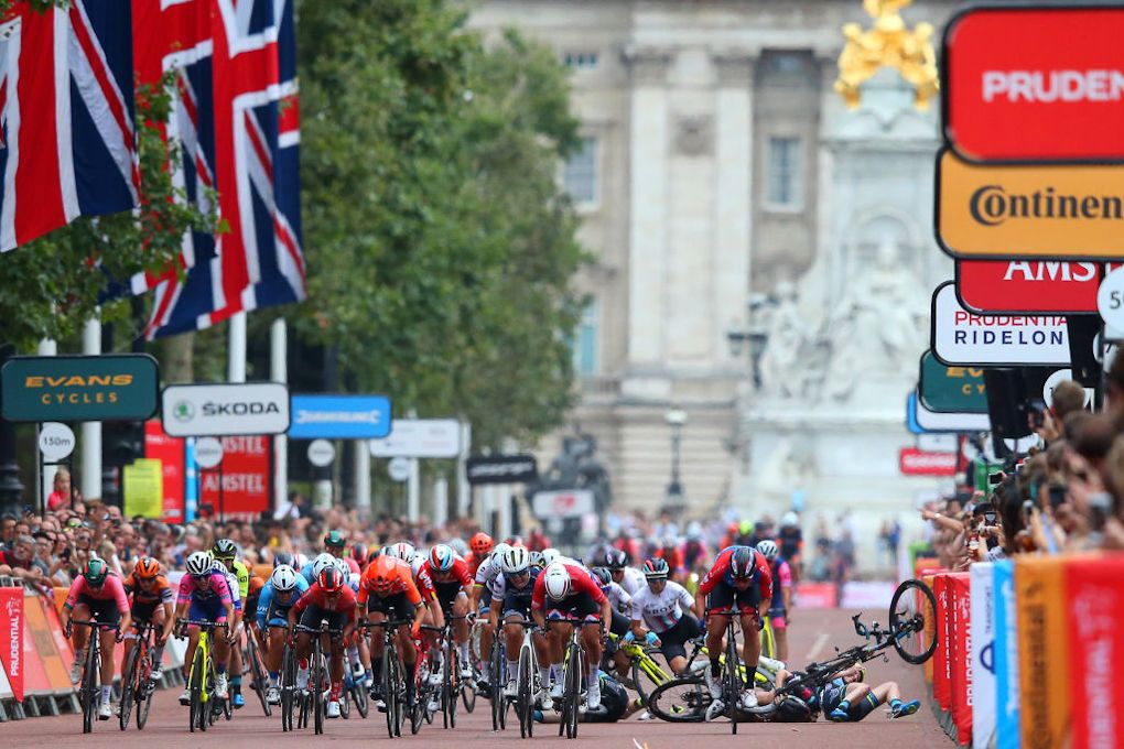 Riders crash near the end of the RideLondon Classique