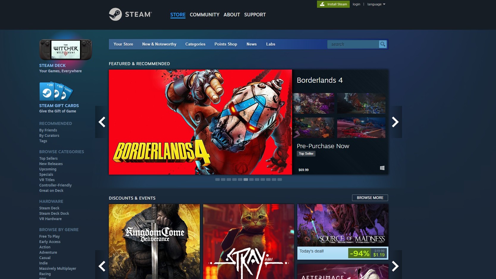 A screenshot of the Steam store via a web browser