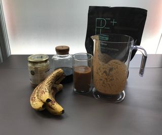 A coffee smoothie with peanut butter and protein powder