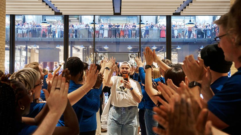 A customer at the opening of Apple&#039;s Battersea store in London