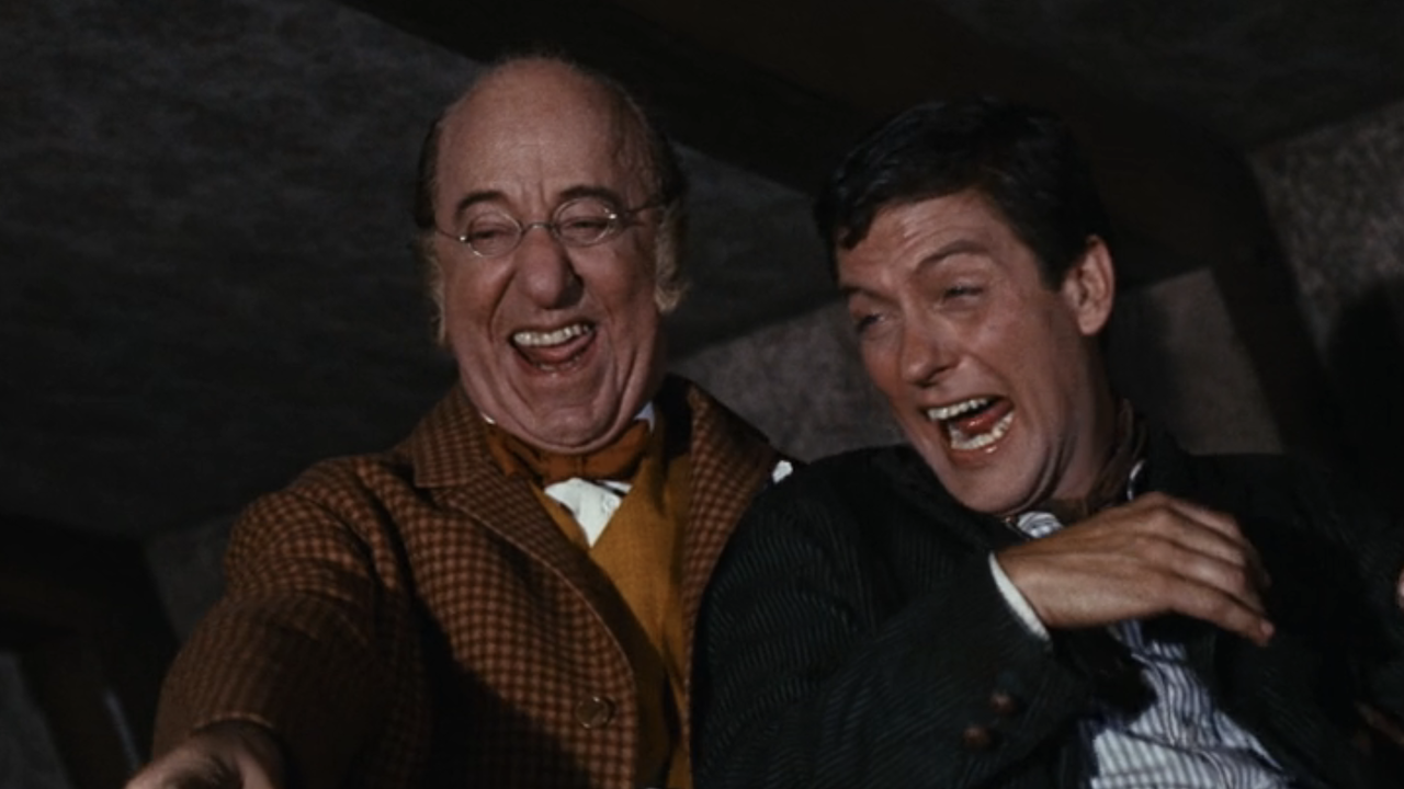 Ed Wynn and Dick Van Dyke laughing on ceiling in Mary Poppins I Love To Laugh song