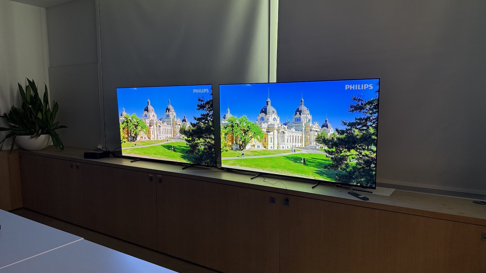 The 65-inch Philips OLED951 TV pictured alongside the 65-inch Philips OLED950. On both screens is the same scenery shot.