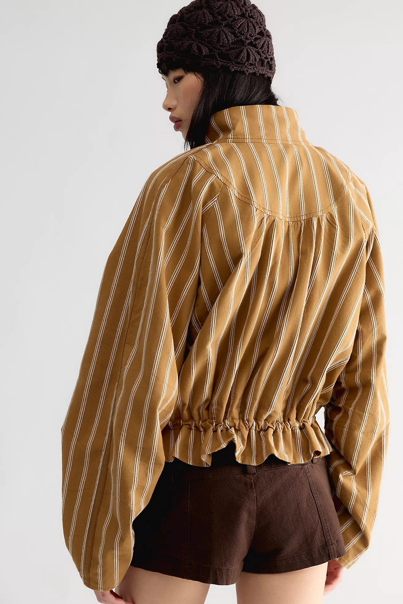 Devon Striped Balloon Funnel-Neck Jacket
