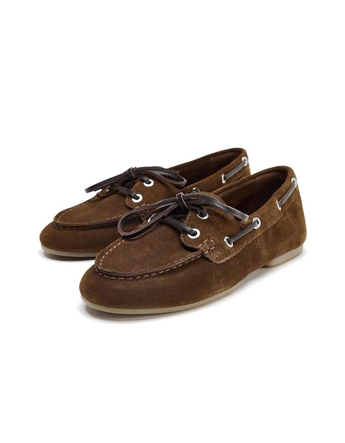 Atbell Women's Suede Leather Boat Shoes Eyelets Lace-Up Loafers Cushioned Insole Casual Slip-On Moccasins Brown