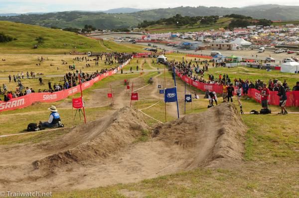 The dual slalom course was lined with spectators