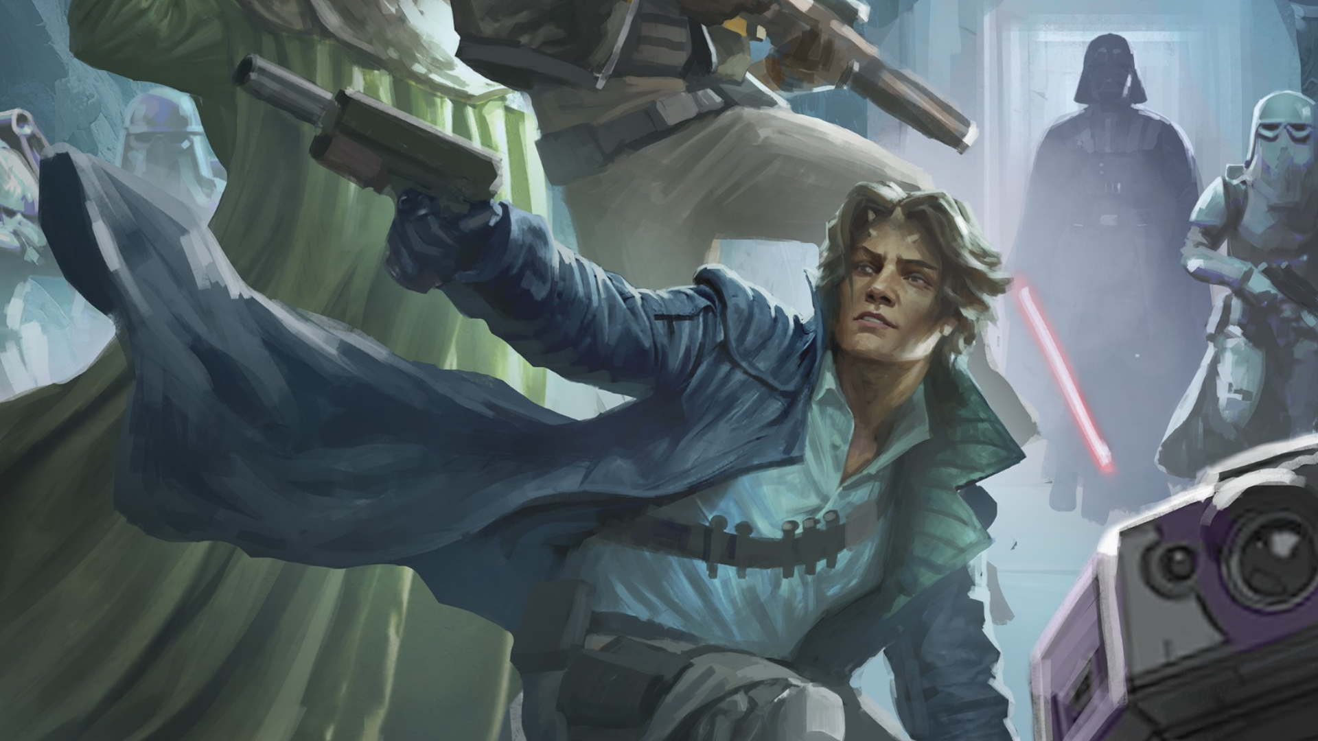 A Zabrak in a long coat with a gun aims out of frame, with Stormtroopers and Darth Vader visible in the background