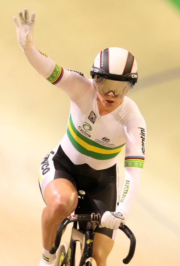 Kaarle McCulloch (Australia) celebrates winning the gold medal in the women's team sprint.