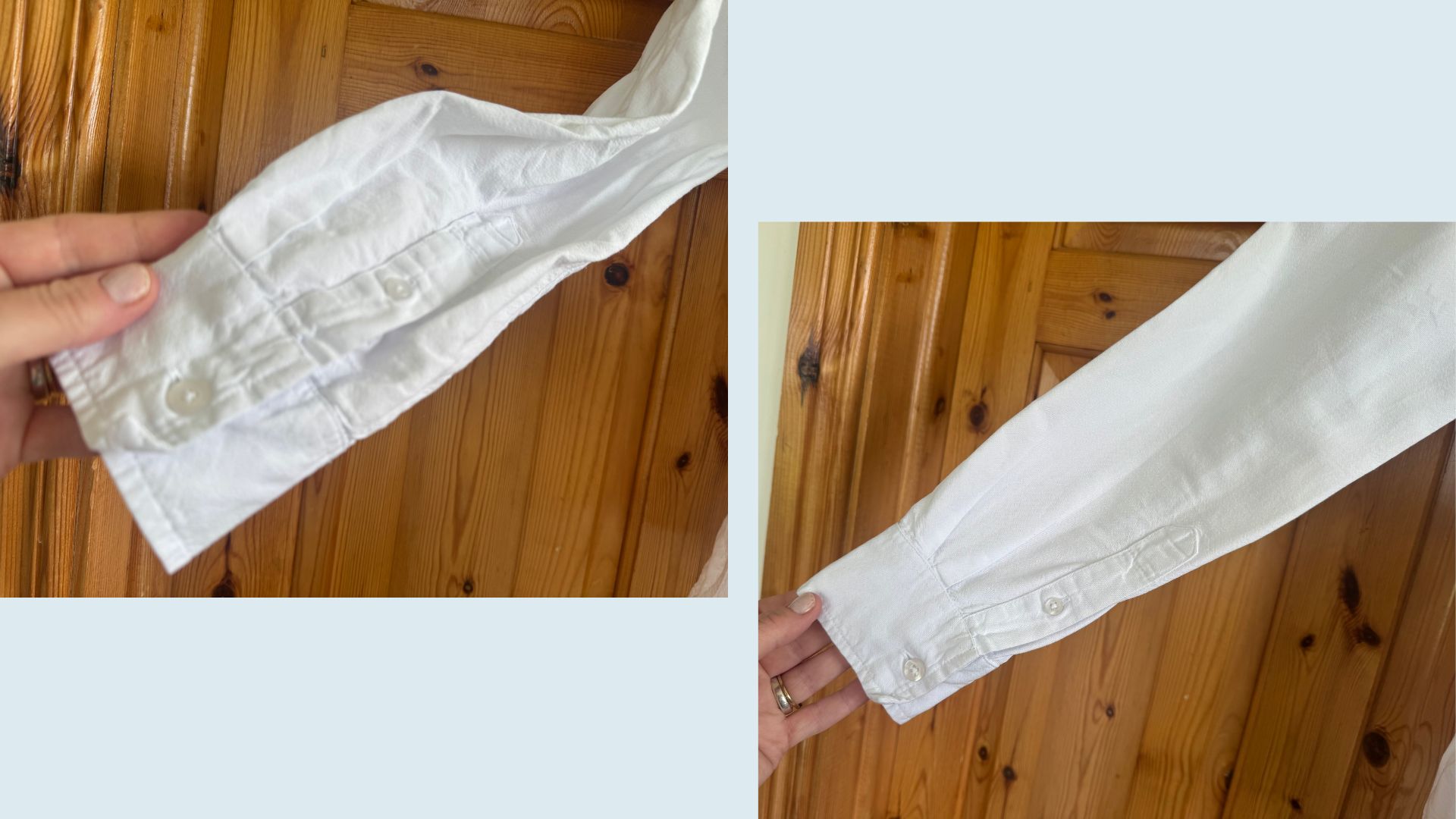 A before and after shot showing shirt sleeves wrimkled and then neatly wrinkle-free after writer Heidi Scrimgeour tried out the Philips clothes steamer on her son's work shirts.