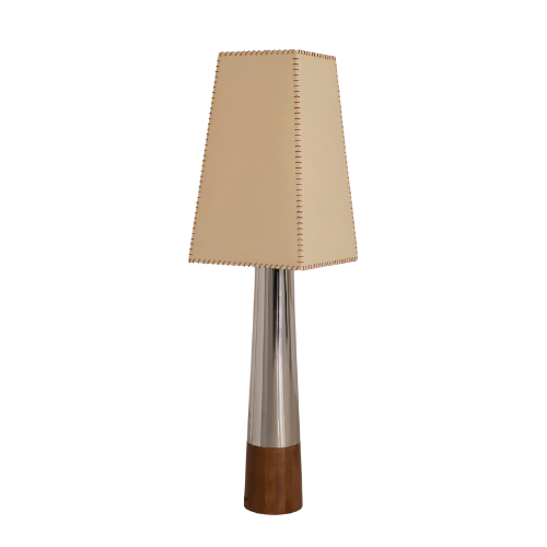 Lamp with chrome base and button stitch shade