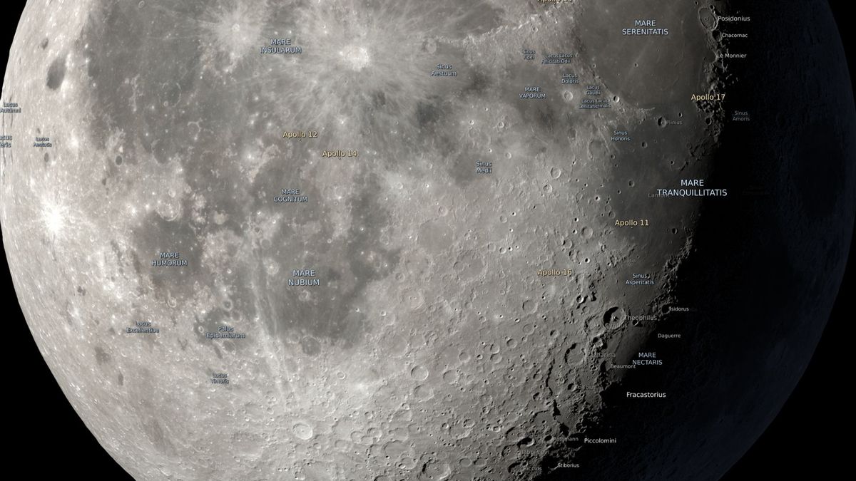 A graphic of the waning gibbous Moon with the names and locations of craters and lunar seas marked.