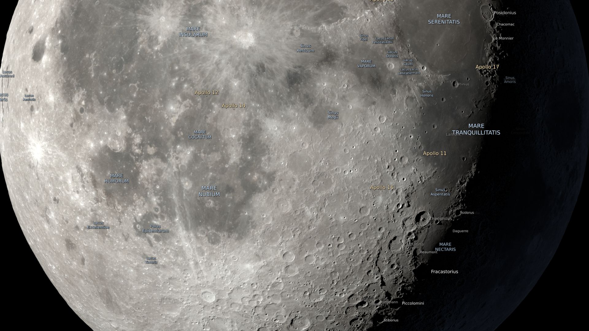 A graphic of a waning gibbous moon annotated with the names and locations of craters and lunar seas.