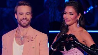 From left to right: Liam Payne smiling on Building the Band and Nicole Scherzinger making a heart with her hands.