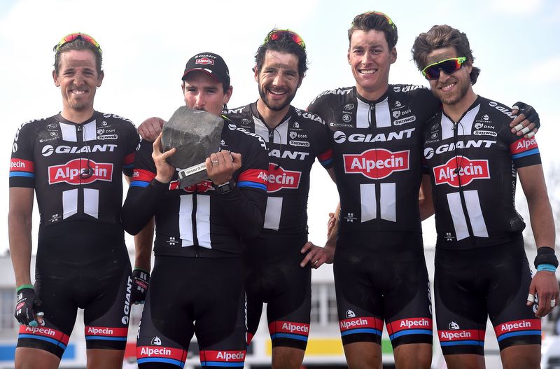 A reminder that cycling is a team sport as Giant-Alpecin post on the Paris-Roubaix podium