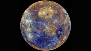 Mercury has several craters scattered across its surface. The Caloris basin — one of the planet's largest craters — is the bright, circular deposit seen in the upper center of this image. Within this crater lies an enormous, effusive volcanic deposit that