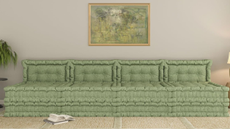 WOWMAX couch bed in moss pictured in a neutral living room with wall art