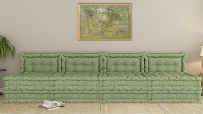 WOWMAX couch bed in moss pictured in a neutral living room with wall art