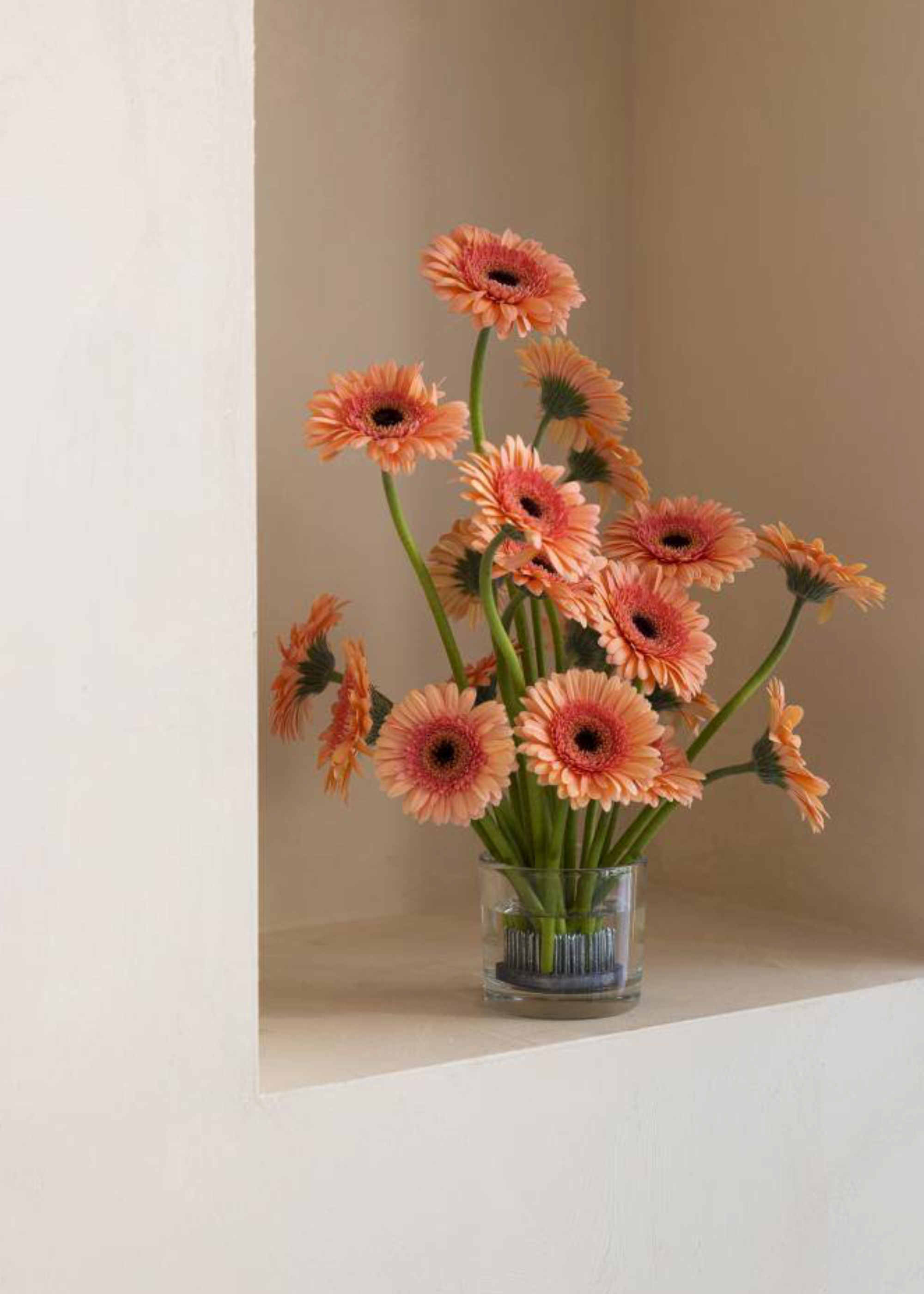 A shallow glass vase with a flower frog and orange gerbera daisies
