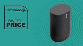 Sonos Move 2 in black on cyan background with lowest price TechRadar sign