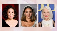 Three images showing Sandra Oh, Jessica Alba and Helen Mirren respectively, against a pink, lilac and beige watercolour background