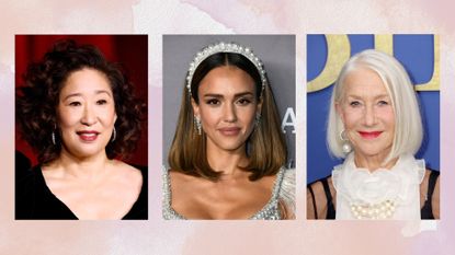 Three images showing Sandra Oh, Jessica Alba and Helen Mirren respectively, against a pink, lilac and beige watercolour background