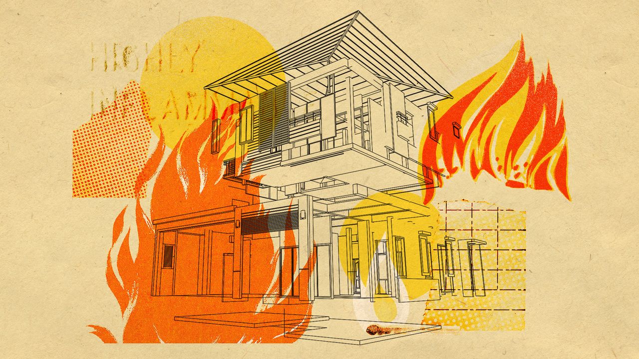 Illustrative collage of an exploded view of a house, with fire illustrations and fire-related ephemera