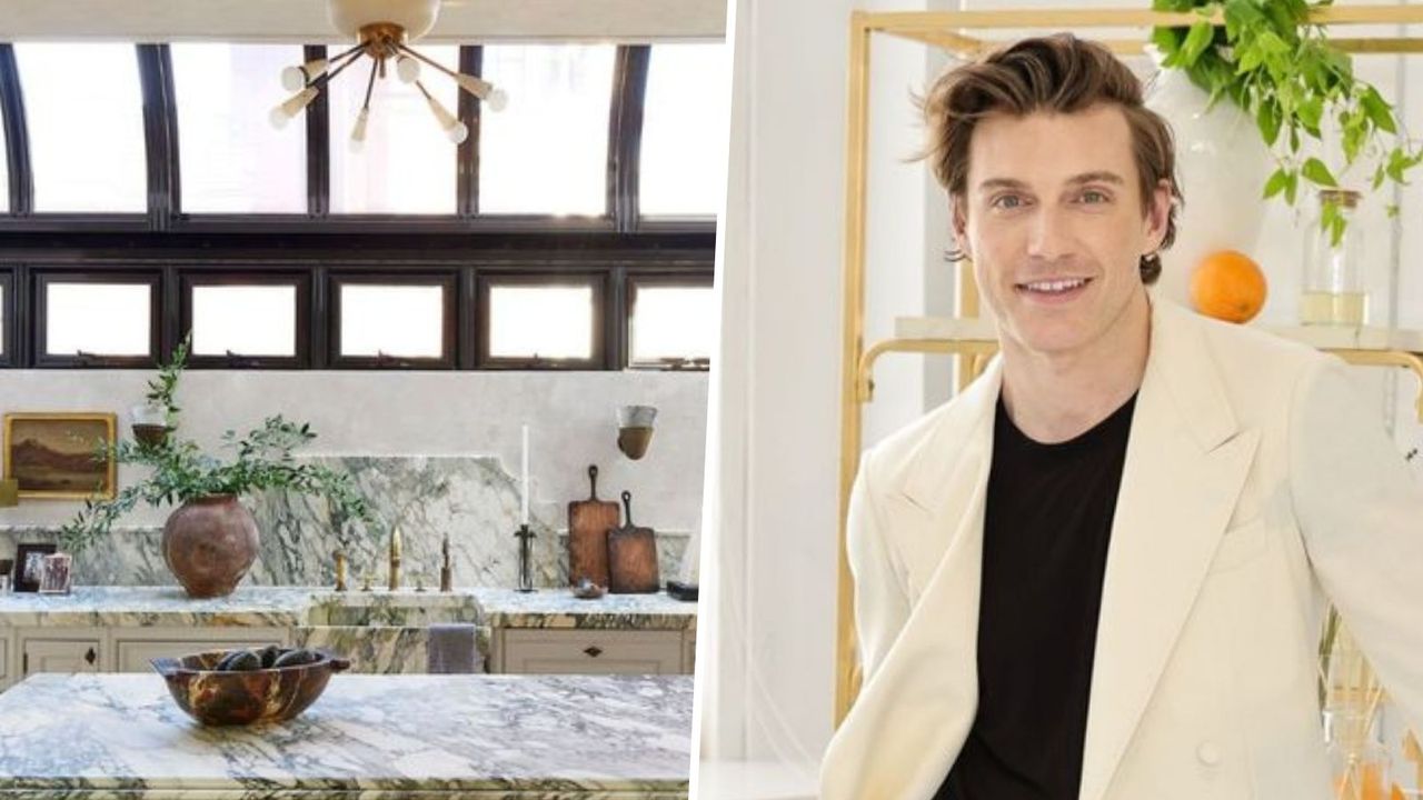 A picture of Nate Berkus and Jeremiah Brent&#039;s marble kitchen next to a photo of Jeremiah Brent wearing a pastel yellow blazer and a black t-shirt