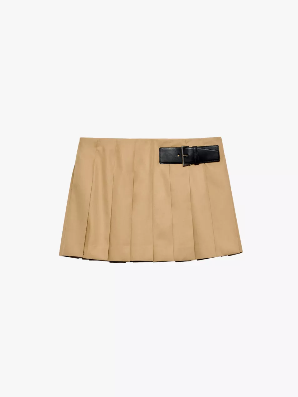 Pleated Leather-Belt Cotton-Twill Mini Skirt