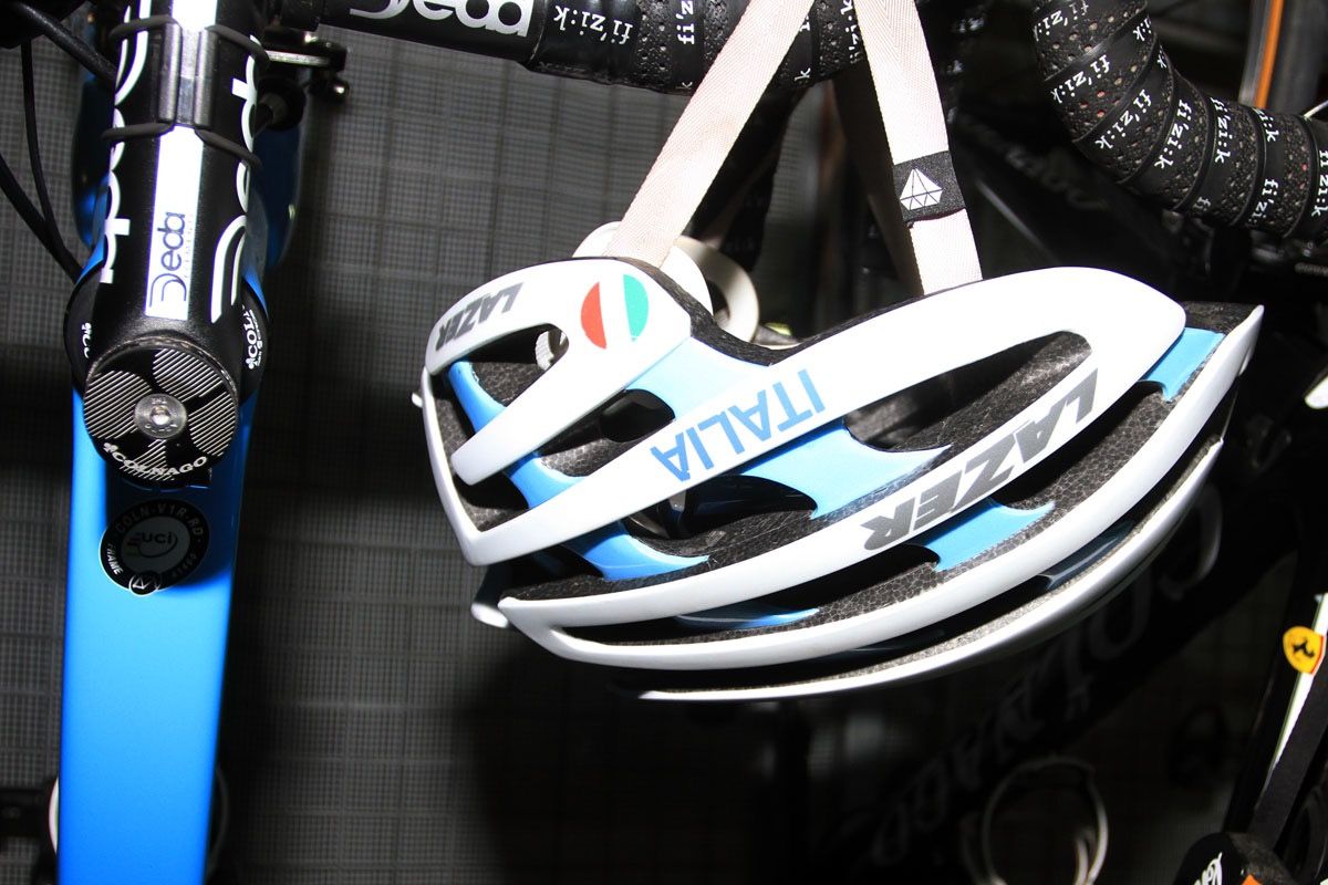 Elisa Longo Borghini has a blue helmet to match her blue Colnago