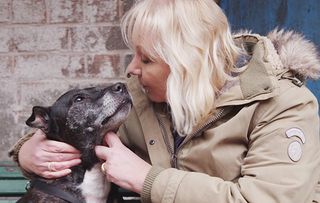 Puppy love! Sue with George Paws on the set of Corrie