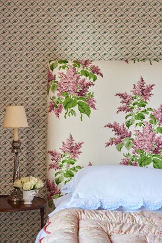 Bedroom with headboard in Lilac fabric by Sarah Vanrenen