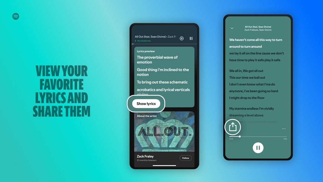Users on Spotify can view lyrics when listening to supported songs and share those lyrics with people on social media and more.