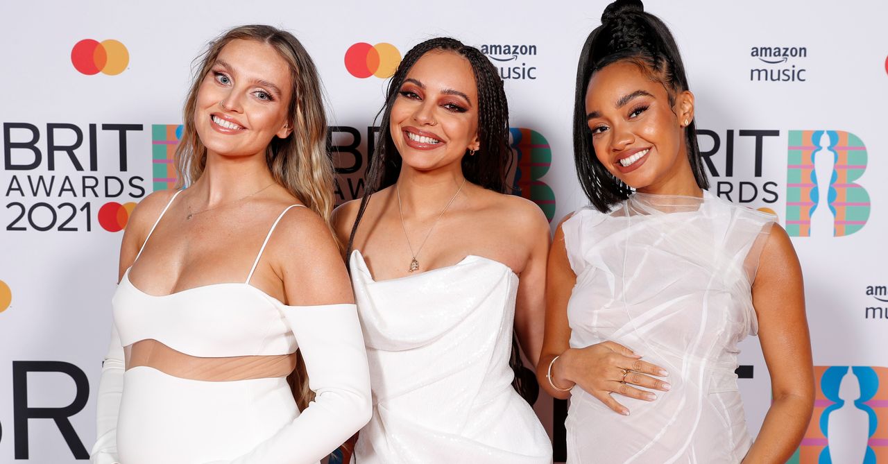 Perrie Edwards, Jade Thirlwall and Leigh-Anne Pinnock of Little Mix pose in the media room during The BRIT Awards 2021