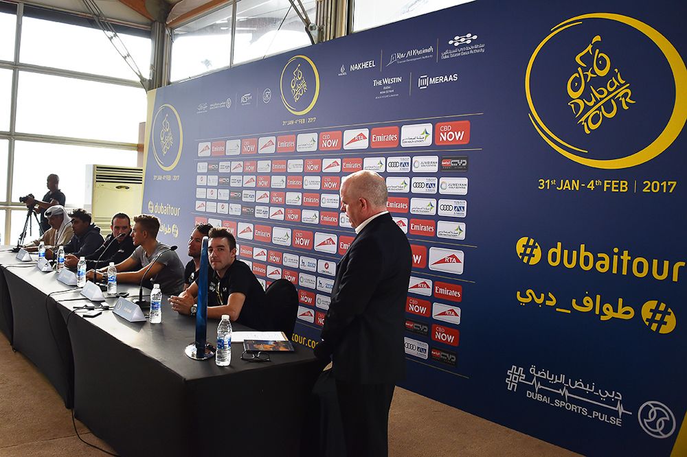 Rider on the dais at the Dubai Tour press conference