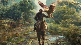 Noa riding horse with falcon on his arm in Kingdom of the Planet of the Apes