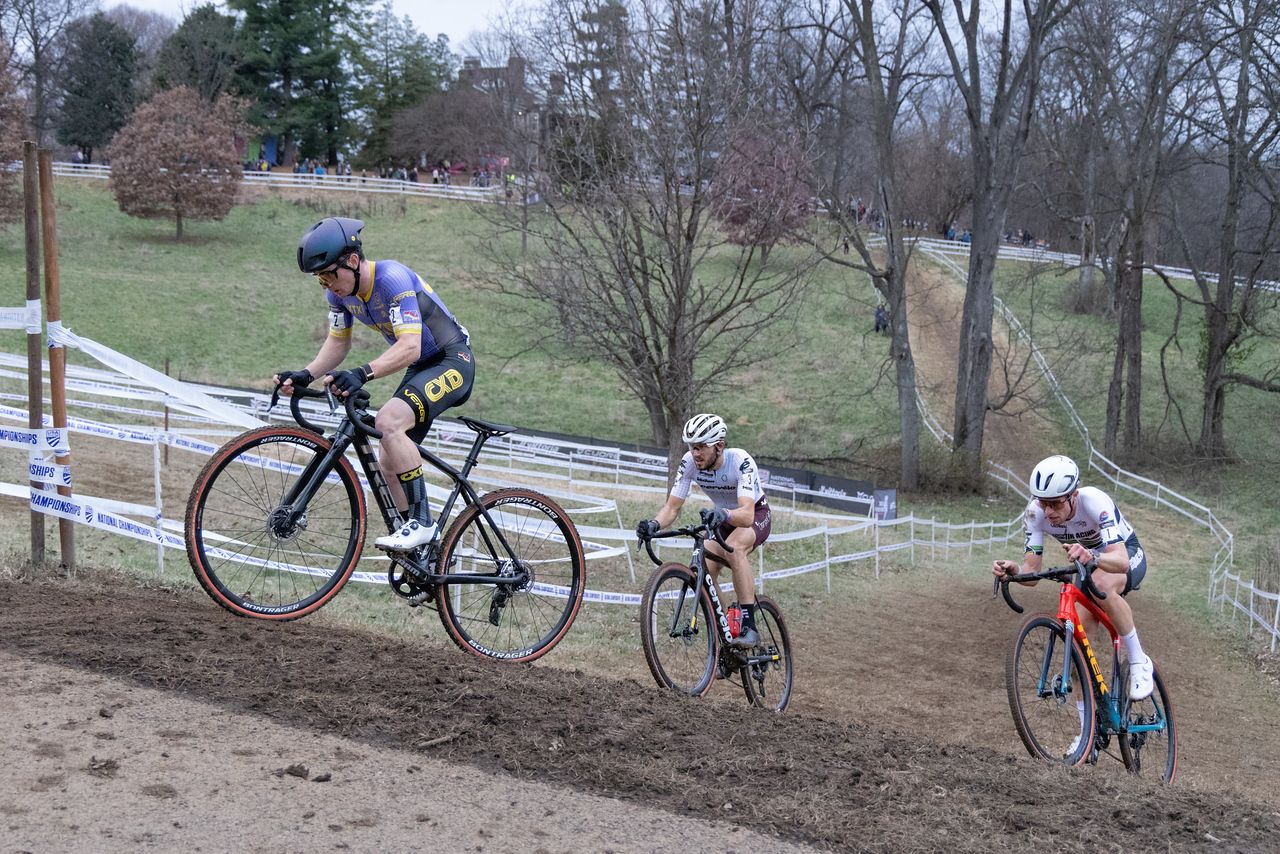Strohmeyer, Funston and Brenner cresting the steepest grade on the course on lap 6 of 7.