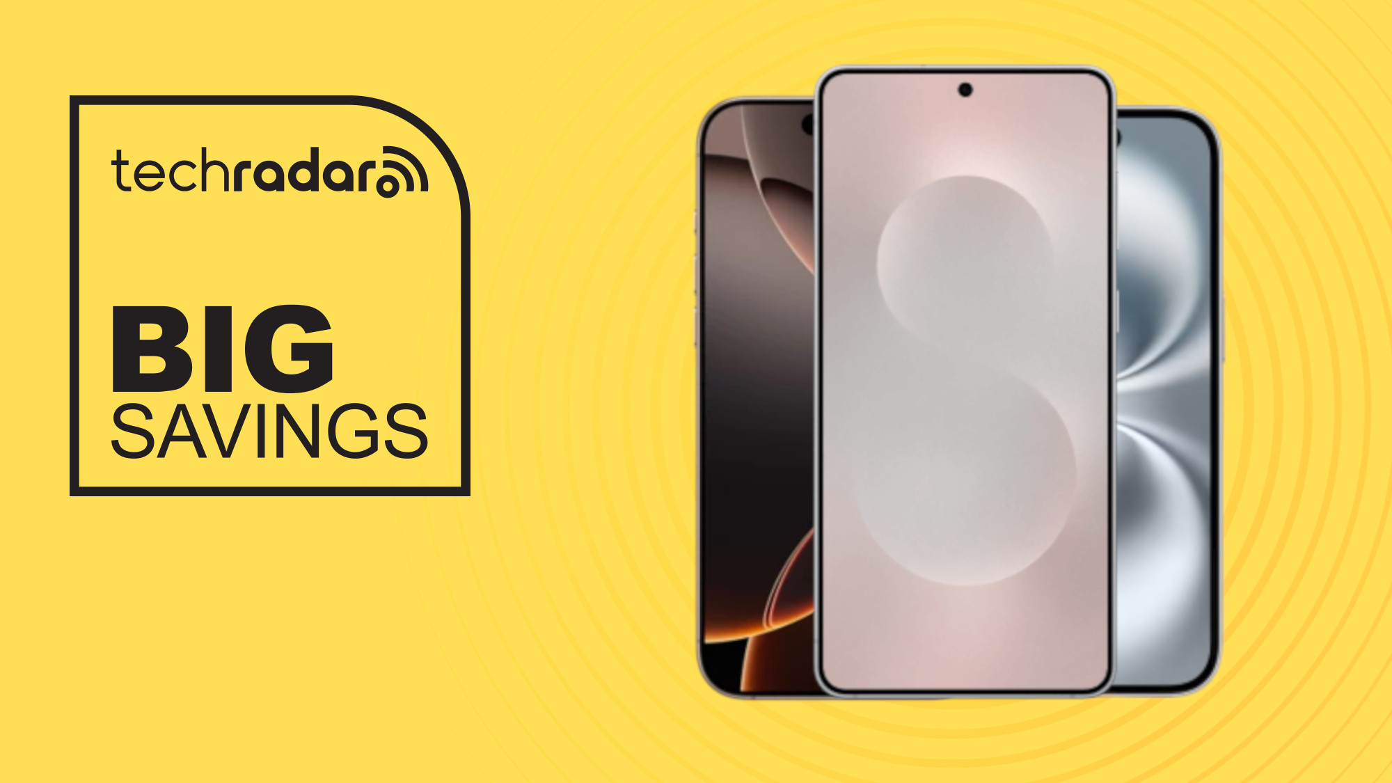 Samsung Galaxy S25 Edge, iPhone 16 Pro Max, and iPhone 16 on yellow background with big savings text overlay