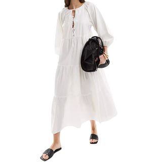  & Other Stories midaxi smock dress with bow bodice detail and volume sleeves in white