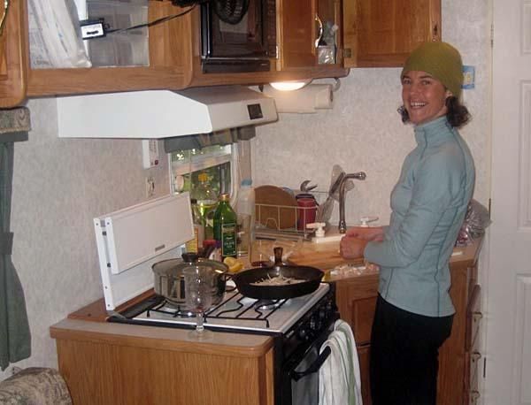 Mary McConneloug having fun in her kitchen