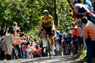 Rohan Dennis (Jumbo-Visma) leading the peloton up a climb on stage 3 of Itzulia Basque Country 2023