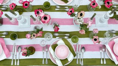 Pink green and white striped table setting 