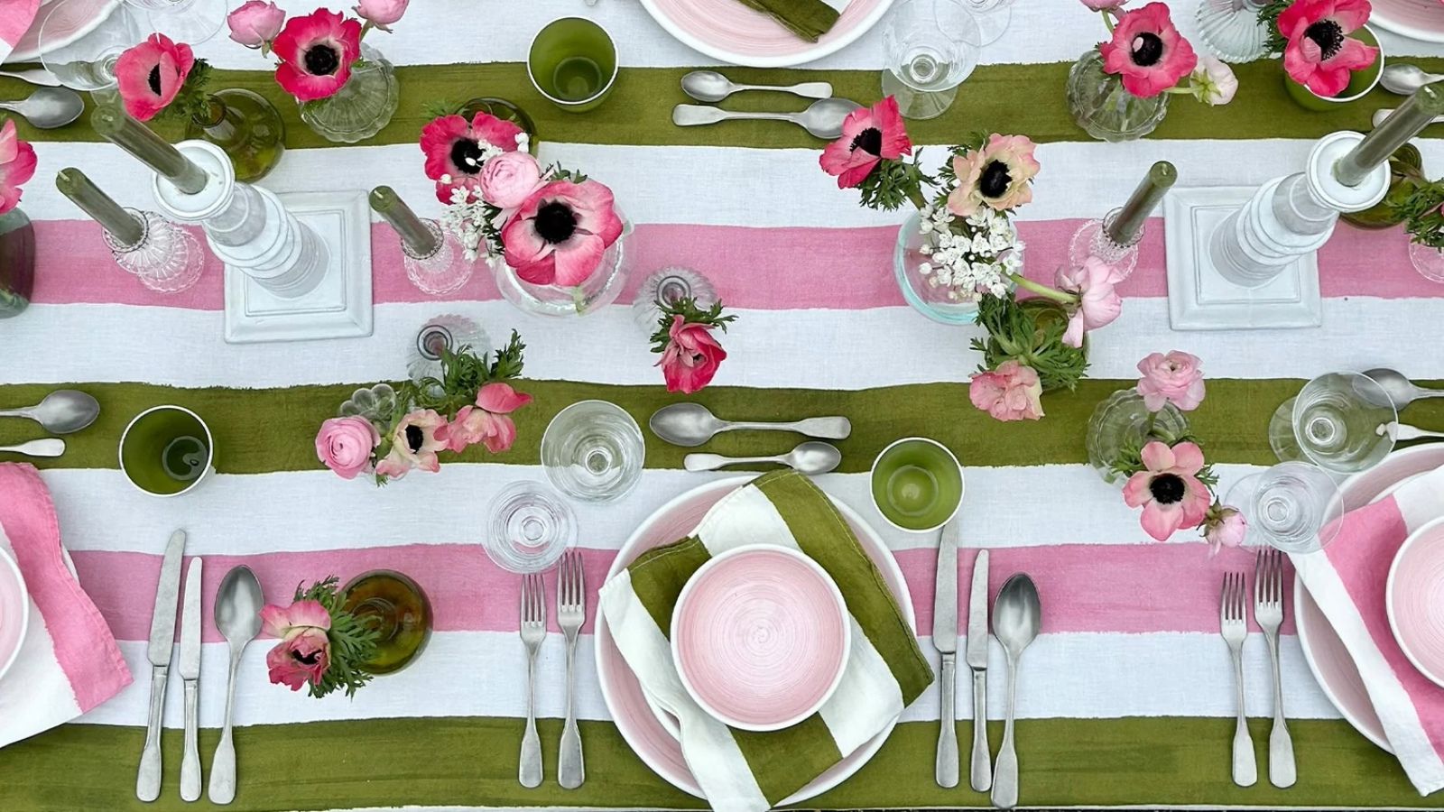 Pink green and white striped table setting 