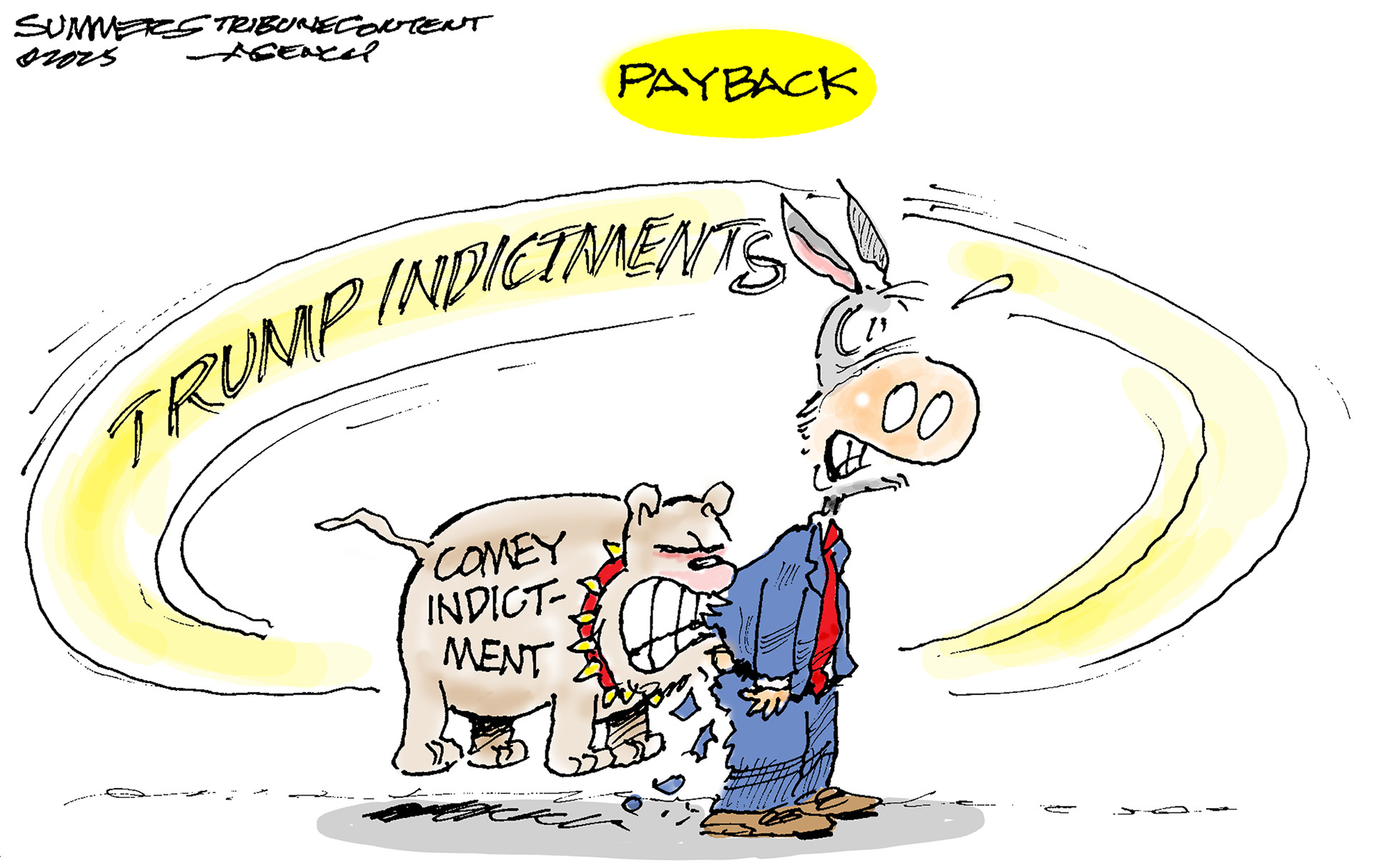 This cartoon is labeled &amp;ldquo;Payback&amp;rdquo; It depicts an angry bulldog labeled &amp;ldquo;Comey Indictment&amp;rdquo; that has looped around to bite a donkey after leaving &amp;ldquo;Trump Indictments&amp;rdquo; in its wake.