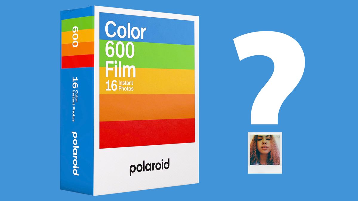 Box of Polaroid 600 film, against a blue background, with a large question mark symbol