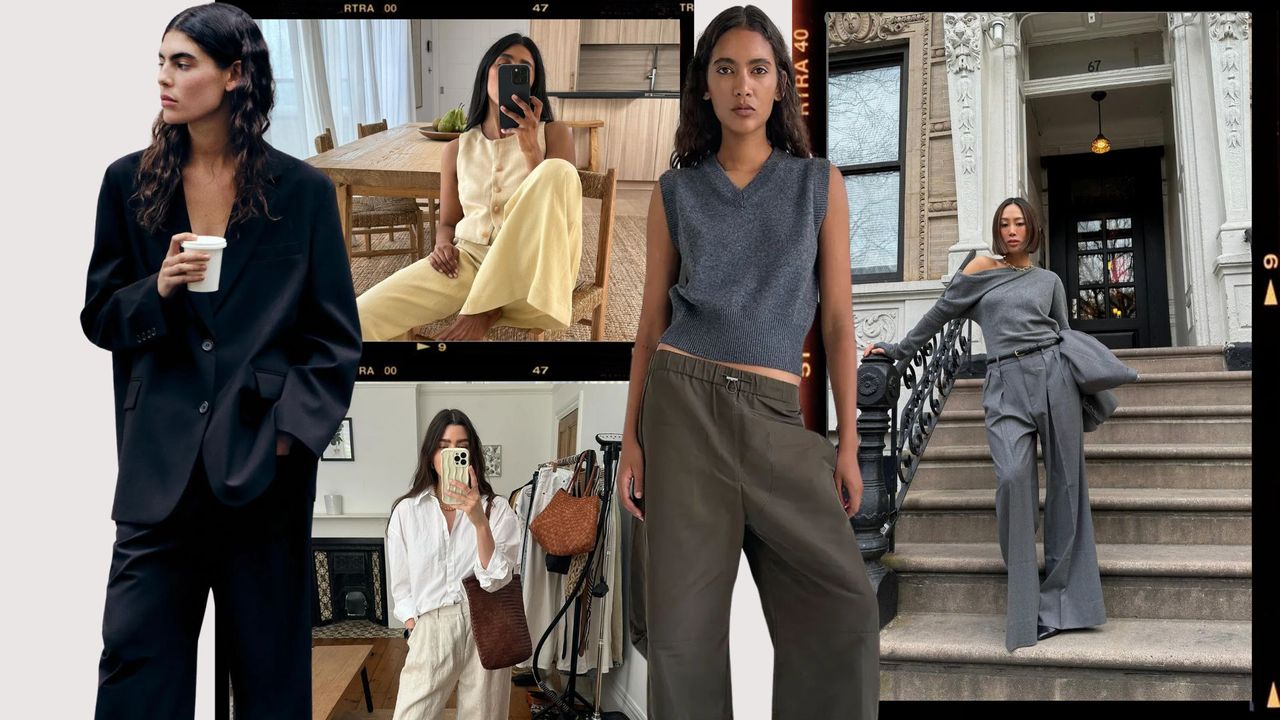 Collage image showing outfit ideas of tops that go with wide-leg trousers