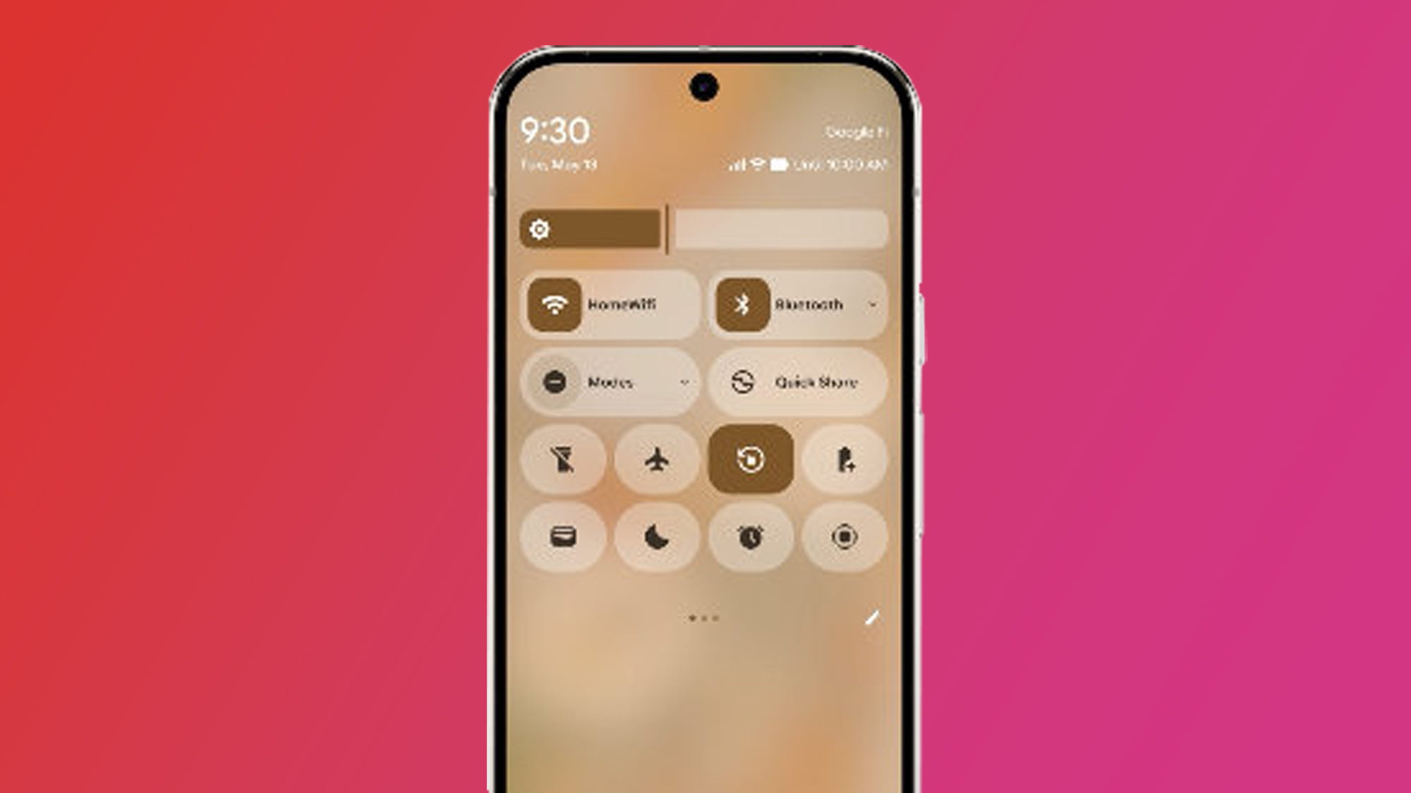 An Android phone on a pink and red background showing Android 16